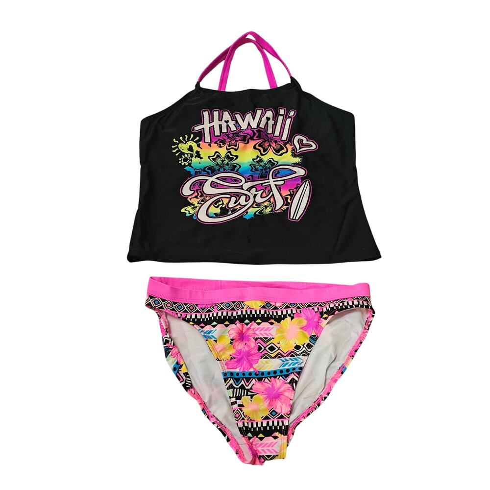 Op Size XL (14-16) Girls Swim Suit Tankini Black Pink Hawaii Surf Floral